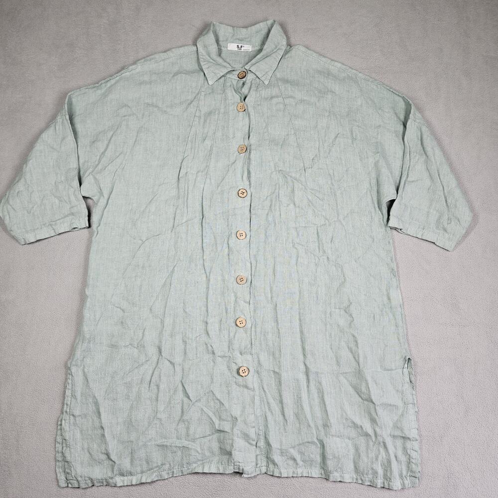 S&F 2005 100% Linen Tunic Womens Sz L/XL Green Beachy Coastal Lagenlook Hippie
